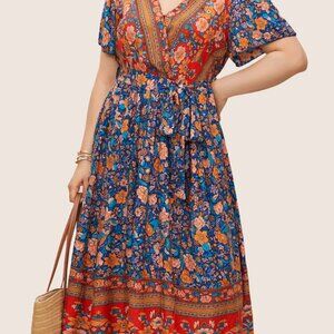 NEW Bandana Surplice Neck Pocket Belted Flutter Hem Maxi Dress Plus Size 2X